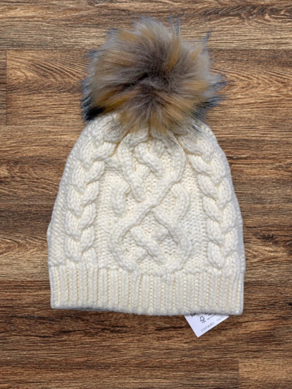 J Crew NWT Ivory Cable Knit Faux Fur Big Oversized Pom Beanie Hat AG533 One SIze